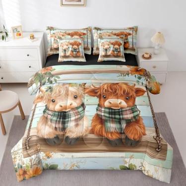 Imagem de Erosebridal Jogo de cama casal de vaca Highland Highland, 7 peças, para crianças, adolescentes, supermacio, todas as estações, para quarto, animais de fazenda, reversível, cama