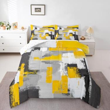 Imagem de Feelyou Conjunto de edredom amarelo e cinza, abstrato, todas as estações, com 2 fronhas, microfibra geométrica, roupa de cama Queen, arte rústica, para decoração de quarto, edredom respirável, macio e