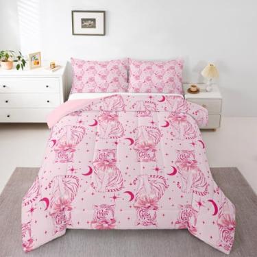 Imagem de Conjunto de edredom queen de tigre rosa, estampa de leopardo rosa, 3 peças, para decoração de quarto de crianças, meninas, meninos e mulheres, edredom acolchoado romântico e moderno, 2 fronhas