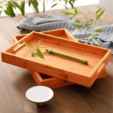 Imagem de Bandeja Retangular De Madeira E Bambu Com Alça Para Servir - Gira Come