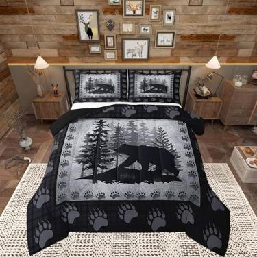 Imagem de Castle Fairy Conjunto de edredom infantil com estampa de urso selvagem, solteiro, decoração de chalé de caça aos animais, retrô, para meninos e adolescentes, pinho rústico, xadrez, edredom de