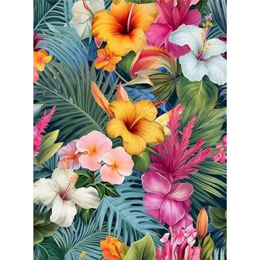 Imagem de Papel de parede floral amarelo tropical rosa verde folha branca floral descascar e colar papel de contato vinil vintage em papel de parede para quarto, banheiro, armário de cozinha adequado para