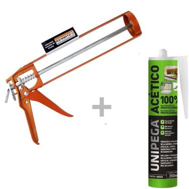 Imagem de Kit Aplicador de silicone aberto + Silicone Acético Profissional Preto 280ml Unipega