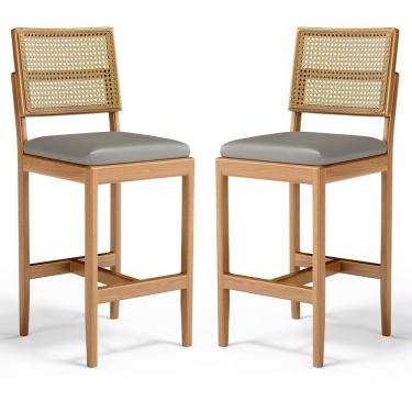 Imagem de Kit Com 2 Banqueta Milena Madeira Maciça Assento Estofado Encosto De Tela Palha Sextavada