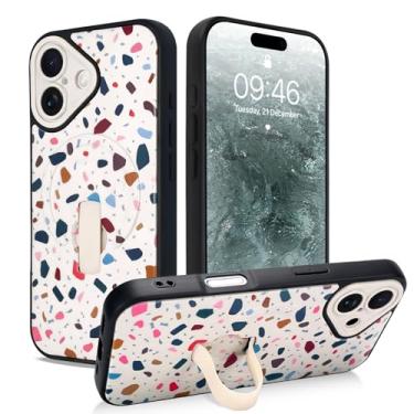 Imagem de SAKUULO Capa magnética para iPhone 17 com alça de dedo para suporte, estampa de terrazzo creme para mulheres e homens, capa de proteção reforçada, creme Terrazzo (6,1 polegadas)