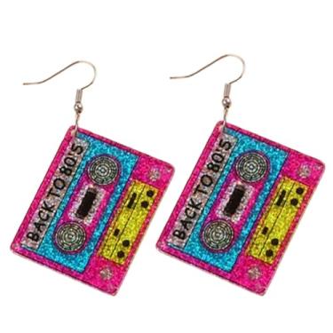 Imagem de Brincos femininos dos anos 80, vintage, fita cassete de acrílico, brincos pendurados, brincos coloridos de rádio faísca dos anos 70, 80, 90, roupas brilhantes para festa, Large, Plástico, Sem pedra