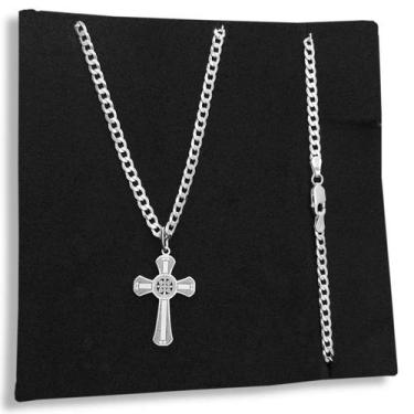 Imagem de Corrente Grumet 3mm com Pingente Crucifixo São Bento Prata 925 Legítim