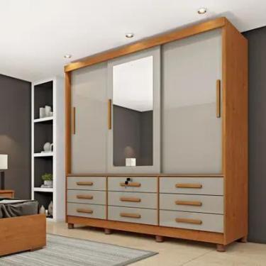 Imagem de Guarda Roupa Casal com Espelho e pés 3 Portas 9 Gavetas 199cm Chicago 