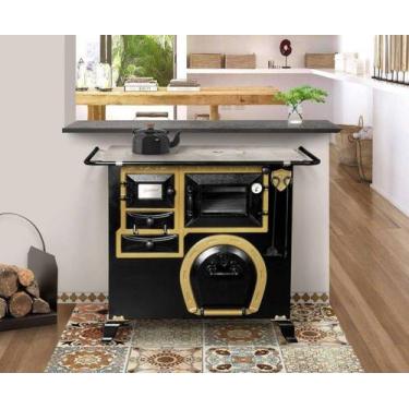 Imagem de Fogão A Lenha Nº 2 Preto c/ Moldura Dourada Chapa Alumínio Direito Bac