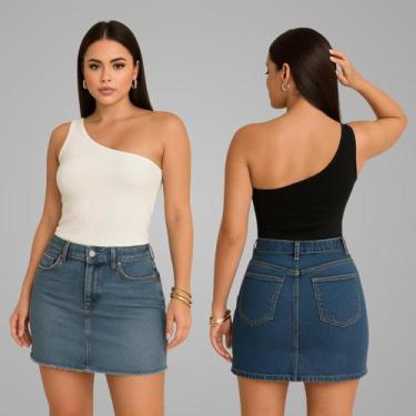 Imagem de Kit 2 Blusa Mula Manca Um Ombro So Basica Canelada Verão - Luau Brasil