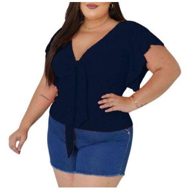Imagem de Blusa Plus Size Feminina Gola V Amarração Manga Laise Renda de Malha -