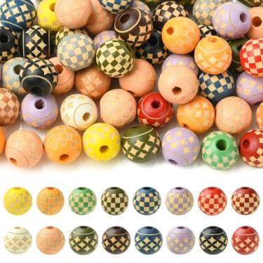 Imagem de UR URLIFEHALL 60 contas de madeira redondas aleatórias de 16 mm com furo grande colorido estrela tartã padrão europeu para pulseira faça você mesmo, colar, fabricação de joias