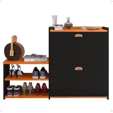 Imagem de Sapateira Hall Entrada 2 Gaveta Basculante Puxador Concha Banco Prateleira Porta Sapatos Sala Quarto Retrô Milano - RPM (Preto/Cinamomo)
