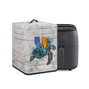 Imagem de Wanzuoeng Capa de fritadeira de ar, capa de forno de fritadeira a ar com estampa de madeira de tartaruga marinha com bolsos e alça, capa universal para aparelho de fritadeira a ar, decoração de