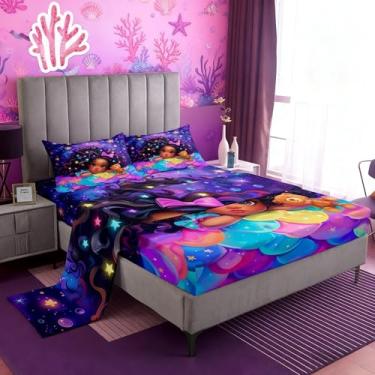 Imagem de Jogo de lençol solteiro para meninas, crianças, aquarela, estrelas, galáxia roxa, tie dye, para decoração de quarto, sereia africana, escama de peixe, preto, para meninos e adolescentes, (1 lençol + 1