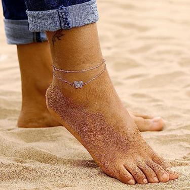 Imagem de Tornozeleiras femininas prateadas ajustáveis com coração de borboleta em camadas femininas de camada dupla para pés de praia joias tornozeleira presentes para mulheres, One Size, Aço inoxidável, Sem