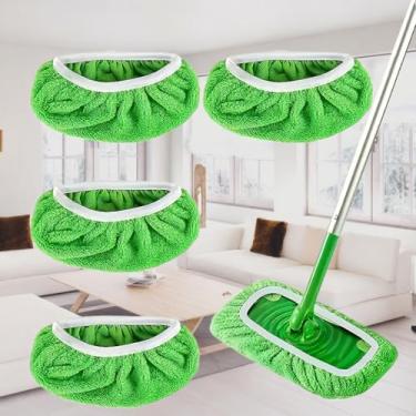 Imagem de Pacote com 4 almofadas de esfregão de microfibra reutilizáveis, panos de limpeza a seco e panos de limpeza úmidos, almofadas de microfibra laváveis para esfregar pisos (esfregão não incluído)