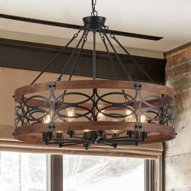 Imagem de Faibra Luminária Pendente De Madeira Estilo Tambor De Fazenda Com 10 Luzes, Lustres De Madeira De Carvalho Marrom Rústico Vintage De 32,24'', Luminárias Suspensas Industriais Retrô Para Sala De Jant