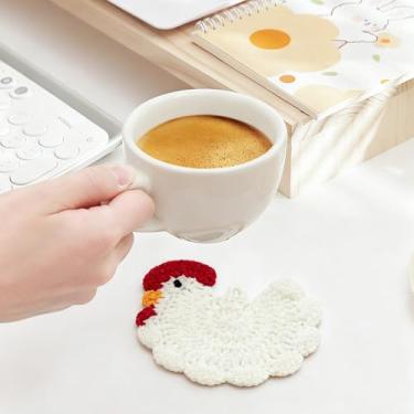 Imagem de 2 peças de porta-copos de frango trançados feitos à mão para mesa de centro, conjunto de porta-copos para bebidas, decoração de mesa, isolamento térmico, crochê, forma de pintinho, tapete para