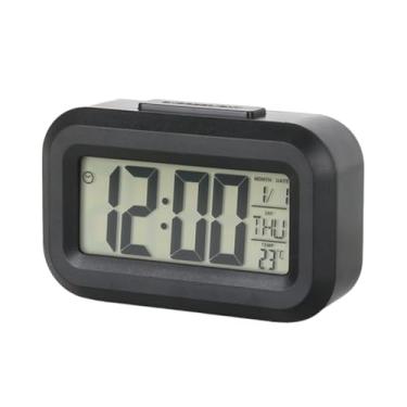 Imagem de Despertador digital multifuncional preto elegante – 1 caixa de plástico tátil com acabamento emborrachado macio, temperatura luminosa, calendário e temporizador operado por bateria