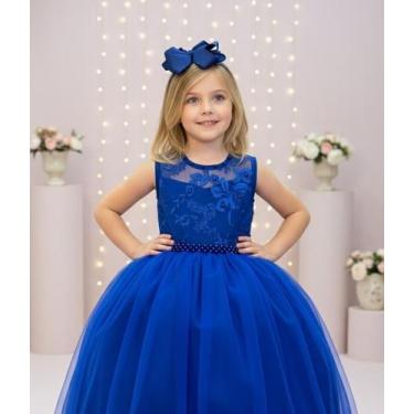 Imagem de Vestido Infantil Azul Royal Longo com Renda para Formatura de Daminha 