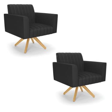Imagem de Kit 2 Poltronas Giratória Viena Gomada Corino Preto Base De Madeira Ma30 - D'rossi