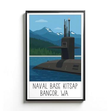 Imagem de LCGifts Pôster Base Naval Kitsap Bangor Washington - Ilustração da frota submarina - Arte de instalação de defesa do Pacífico - Decoração de parede patriótica vintage - Design de pôster militar retrô