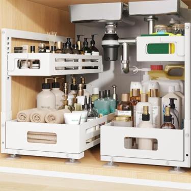 Imagem de Biboraya Pacote com 2 organizadores embaixo da pia de 48 cm de profundidade, organizador de armário com trilho cilíndrico liso, gaveta deslizante de metal para cozinha, banheiro, lavanderia, altura