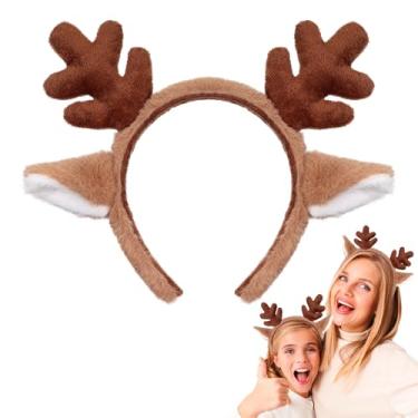 Imagem de KINYFY Faixa de cabelo marrom de orelhas de veado de Natal, faixa de cabelo de chifre de rena fofa, faixas de cabelo de chifre de alce de Natal para mulheres e meninas, acessórios de festa de Natal