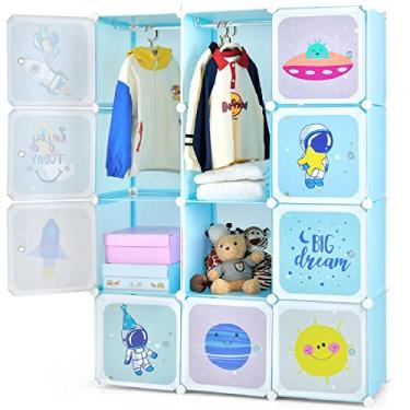 Imagem de INFANS Roupeiro infantil, armário infantil, cômoda de bebê, portátil, fofa para quarto de crianças, armário de berçário com portas, 12 cubos e 2 seções para pendurar, organizador de armazenamento de