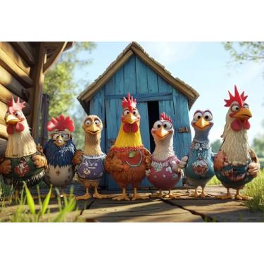 Imagem de Quebra-cabeça engraçado de galinha com desenho animado de 1000 peças – família de galinha engraçada em aventais coloridos fora do galinheiro, quebra-cabeça peculiar com tema de fazenda para adultos