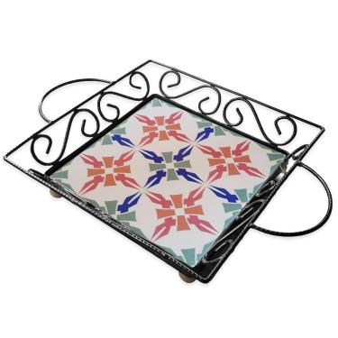 Imagem de Fruteira De Mesa Bandeja Ferro E Azulejo Quadrada Premium Cozinha Azulejo G8