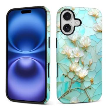 Imagem de XUANWENPA Capa para iPhone 17, com um design de capa dura protetora de duas camadas mistas com padrões brilhantes, flor de vidro quebrado espelhada.
