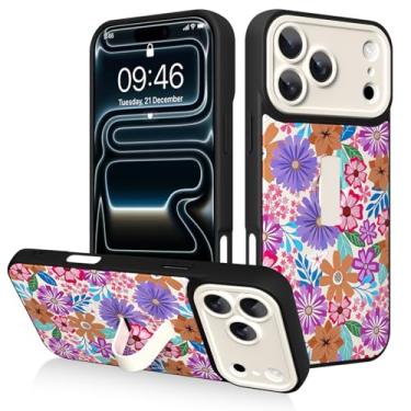 Imagem de AIGOMARA Capa para iPhone 17 Pro Max com suporte de alça de dedo, estampa floral colorida para mulheres e meninas, capa protetora à prova de choque com suporte de mão antiarranhões, branca