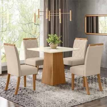Imagem de Mesa De Jantar Dora 90cm Canto Reto Sem Vidro Ambiente Nature Off White Com 4 Cadeiras Bella Linho - Henn