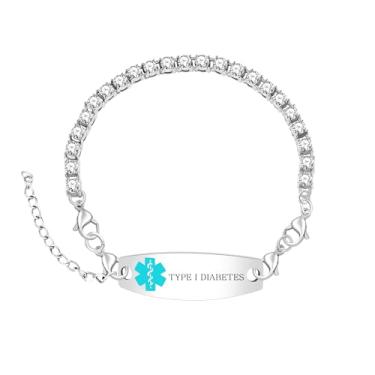 Imagem de Oneress Pulseira de tênis de alerta médico - joia personalizada com gravação a laser com pingente de caduceu de cristal, elegante pulseira de saúde de emergência YA6001, Durable Medical ID Bracelet