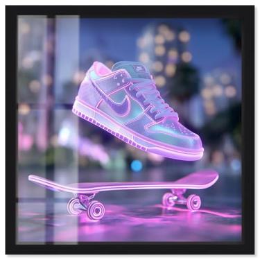Imagem de Tênis neon pastel City Beach Lights Shadowbox Print Pink Fashion Art por Art Remedy, moldura preta, 50 x 50 cm