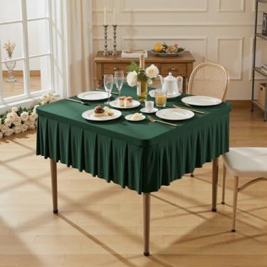 Imagem de Toalhas de mesa de elastano verde Hunter para mesas quadradas de 86 x 86 cm, roupas de mesa elásticas com saia plissada com babados para mesa de 86 cm, sem rugas e elásticas, para festa, cozinha, casa