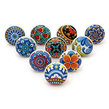 Imagem de Rasiya Art Puxadores de gaveta - Pacote com 10 - Puxador de armário de cerâmica variado colorido do campo indiano para armário de cozinha puxador de guarda-roupa boho decoração de interiores de quarto