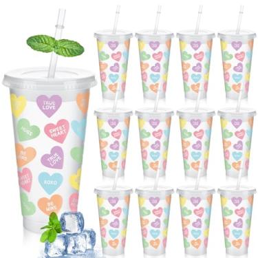 Imagem de SiliFine 12 peças de copos de plástico para conversação de dia dos namorados de 680 g com tampa e canudo transparente copo de plástico para dia dos namorados para conversa, decoração de festa de