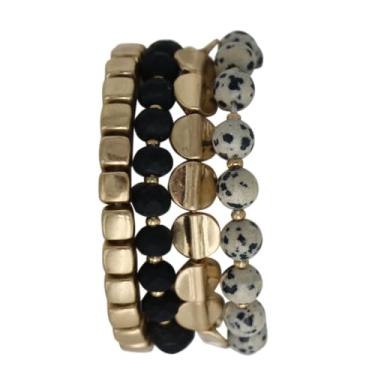 Imagem de Rosemarie & Jubalee Conjunto de pulseiras elásticas femininas com contas, coleção empilhável de 4 peças, 15 cm para pulsos pequenos, One Size, Liga metálica, howlita, Cristal