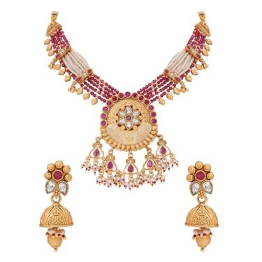 Imagem de I Jewels Colar de pérolas com design floral de latão antigo de Bollywood indiano banhado a ouro com brinco Jhumki conjunto de joias para mulheres (MC218Q)