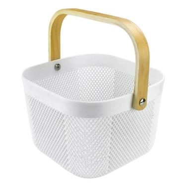 Imagem de Cesto Quadrado Multiuso Com Alça De Madeira 20X20Cm 7021