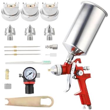 Imagem de Conjunto de pistolas de tinta spray HVLP de 1000 ml, pistola de pulverização de ar de alimentação por gravidade, pulverizador de tinta ajustável com bicos de 1,4 mm/1,7 mm/2,5 mm, copo de tinta de