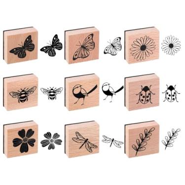Imagem de LXUEJIE 9 peças de carimbos de borracha vintage de madeira, joaninha, flor e planta, natureza, retrô, decorativos, montados, de madeira, para scrapbook, diários de arte