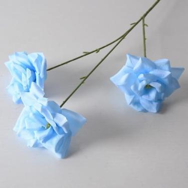 Imagem de 6 peças de flores artificiais - flor de seda com hastes rosas azuis, arranjos florais falsos para casa de banho, escritório, mesa, centro de mesa, prateleira, decoração de casamentos