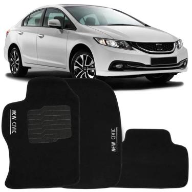 Imagem de Tapete Carpete Civic 2012 à 2016 Preto Logo Bordado Jogo 3 Peças Personalizado Automotivo