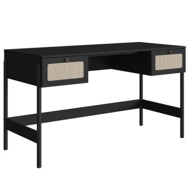 Imagem de Escrivaninha 2 Gavetas Oslo Artesano 139cm (largura) Mdp Nero Palha Sintética Bege Pé Madeira Maciça