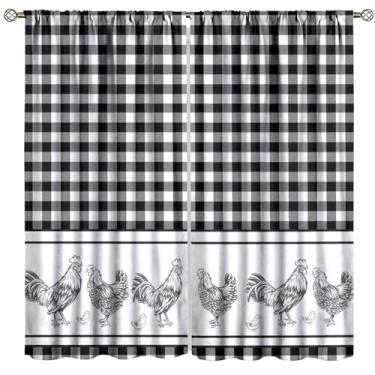 Imagem de Cortinas de cozinha de galo, preto e branco, estampa xadrez de búfalo, quinta, frango, quarto, sala de estar, tratamento de janela, conjunto com 2 painéis, tamanho total 106,7 cm L x 114,3 cm C