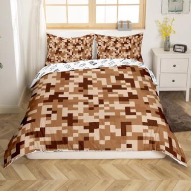 Imagem de Conjunto de capa de edredom marrom quadriculado tamanho casal para crianças, meninos, capa de edredom com tema pixelado sandbox para decoração de quarto de jogador, estilo mineiro, jogo de cama xadrez